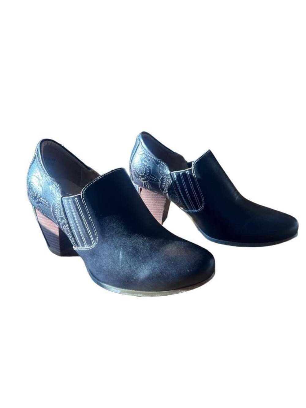 Spring Step L'Artiste Leatha Black Leather Tooled Floral Ankle Booties Size 37 - Picture 2 of 7